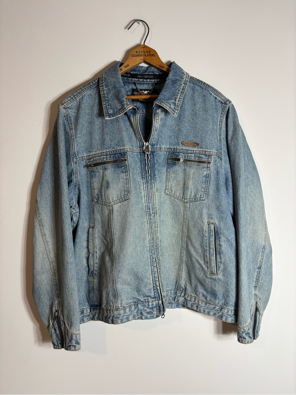 Harley Davidson Denim Biker Motorcycle Jacket Zip Eagle Distressed